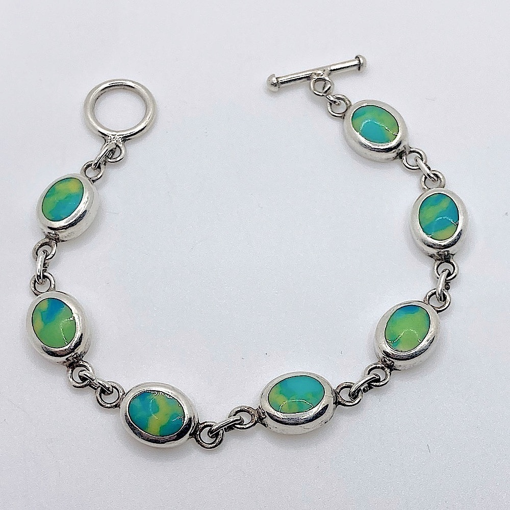 Vtg Sterling & Calcite Oval Shaped Link Toggle Clasp Bracelet 7” / 17g